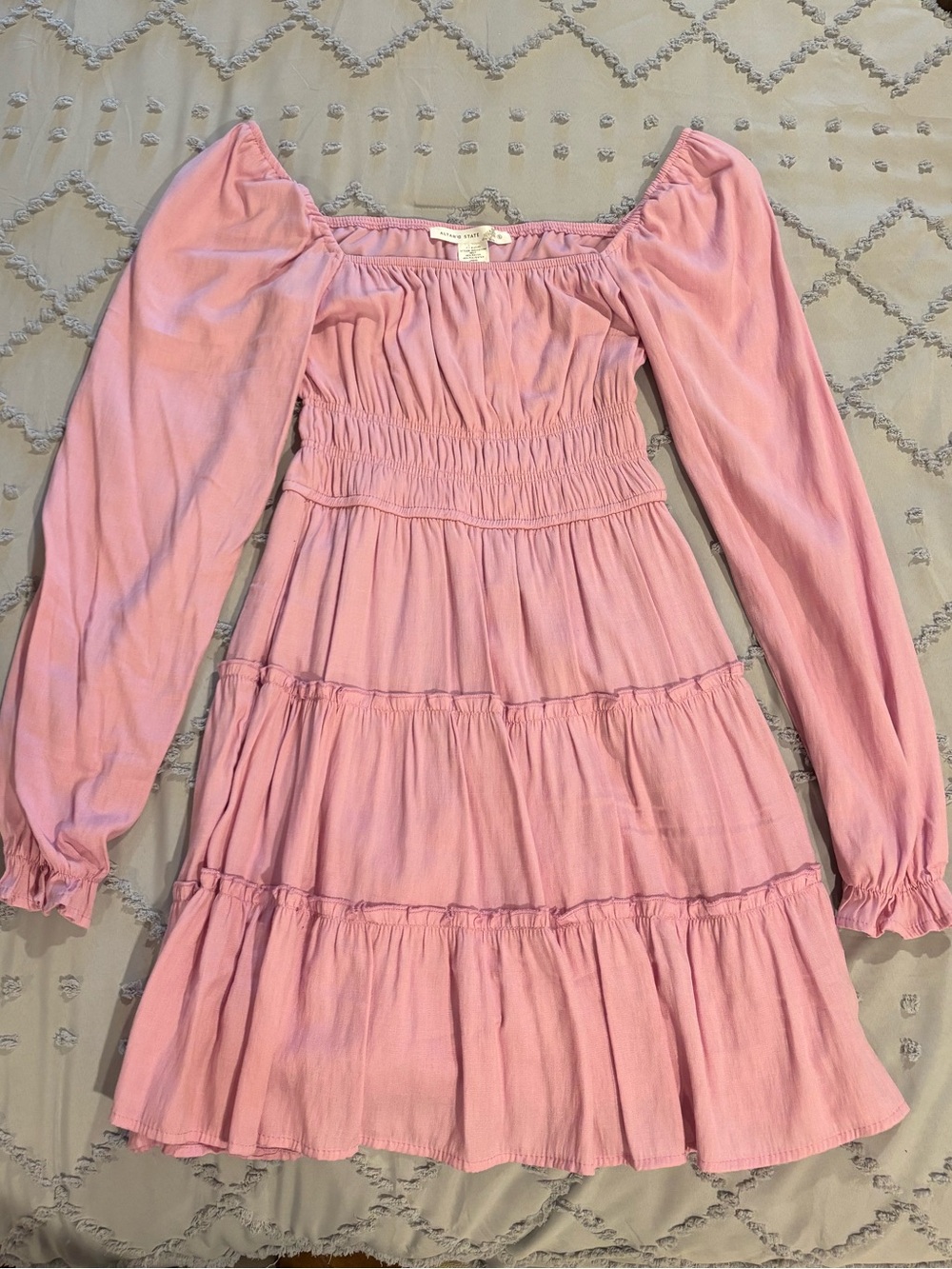 Altar'd State Pink Smocked Bodice Tiered Mini Dress